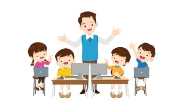 Öğretmen ve çocuklar bilgisayar teknolojisi eğitimi kursları öğreniyorlar