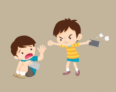 Üzgün ve sinirli çocuk bağımlı cep telefonu