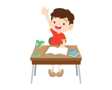 Çocuk masa başında oturup ödev için çalışıyor.