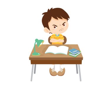 Çocuk masa başında oturup ödev için çalışıyor.