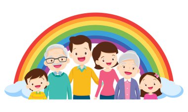 Evin önünde mutlu büyük bir aile, gökkuşağı