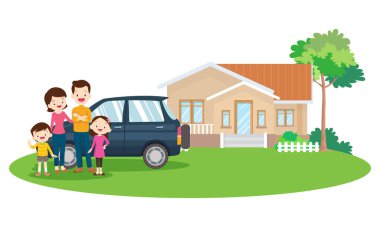 Evin önünde mutlu büyük bir aile, gökkuşağı