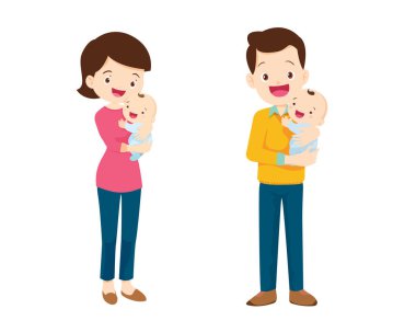 Yeni doğmuş bebeği olan mutlu, genç bir aile birlikte ebeveynliğin tadını çıkarıyor. Gülümseyen ebeveynler kollarını tutarlar küçük çocuk sevgi ve ilgi gösterirler