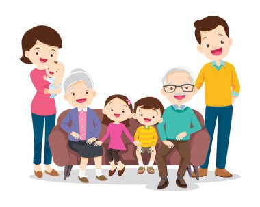 Mutlu aile kavramı. Erkek ve kadın oğullarının ve kızlarının, büyükbabalarının ve büyükannelerinin yanında dururlar. Aile portresi ya da fotoğraf