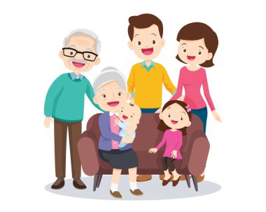 Mutlu aile kavramı. Erkek ve kadın oğullarının ve kızlarının, büyükbabalarının ve büyükannelerinin yanında dururlar. Aile portresi ya da fotoğraf