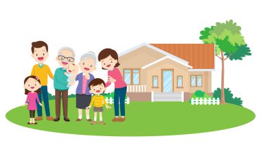Evin önünde mutlu büyük bir aile, gökkuşağı