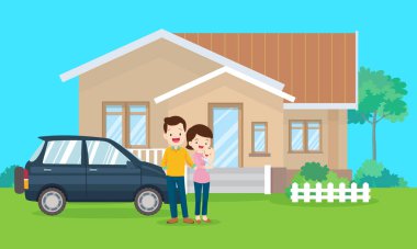 Evin önünde mutlu büyük bir aile, gökkuşağı