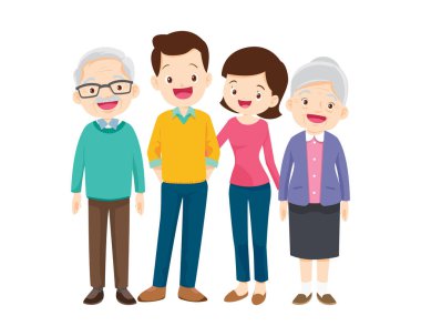 Mutlu aile kavramı. Erkek ve kadın oğullarının ve kızlarının, büyükbabalarının ve büyükannelerinin yanında dururlar. Aile portresi ya da fotoğraf