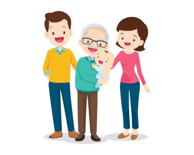 Mutlu aile kavramı. Erkek ve kadın oğullarının ve kızlarının, büyükbabalarının ve büyükannelerinin yanında dururlar. Aile portresi ya da fotoğraf