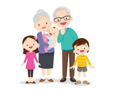 Mutlu aile kavramı. Erkek ve kadın oğullarının ve kızlarının, büyükbabalarının ve büyükannelerinin yanında dururlar. Aile portresi ya da fotoğraf