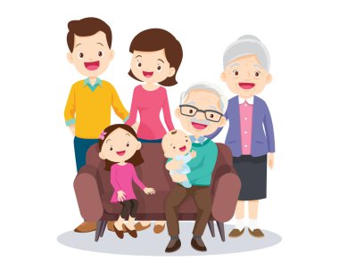 Mutlu aile kavramı. Erkek ve kadın oğullarının ve kızlarının, büyükbabalarının ve büyükannelerinin yanında dururlar. Aile portresi ya da fotoğraf