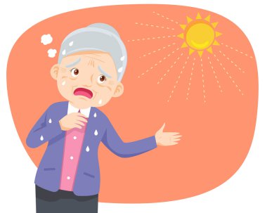 Yazın sıcağından susamış yaşlı bir kadın. Yaşlı kadın sıcak hava yüzünden çok susamış.