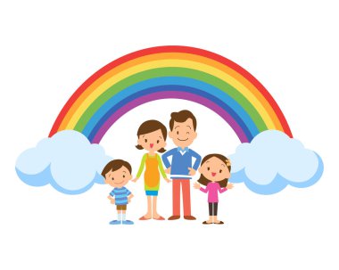 Evin önünde mutlu büyük bir aile, gökkuşağı