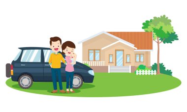 Evin önünde mutlu büyük bir aile, gökkuşağı