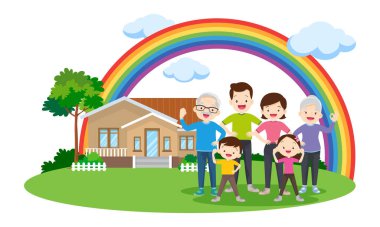 Evin önünde mutlu büyük bir aile, gökkuşağı