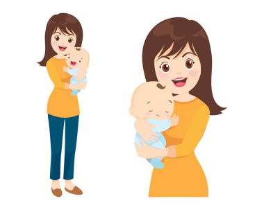 Güzel bir kadın kucağında bir bebek tutuyor, anne çocuklarına sarılıyor. Anneler Günü, Kadınlar Günü