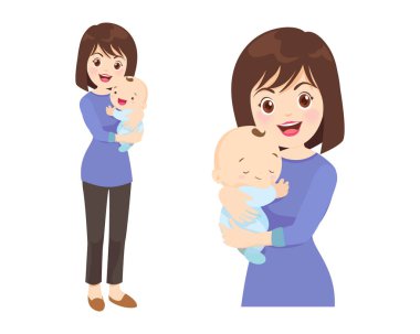 Güzel bir kadın kucağında bir bebek tutuyor, anne çocuklarına sarılıyor. Anneler Günü, Kadınlar Günü