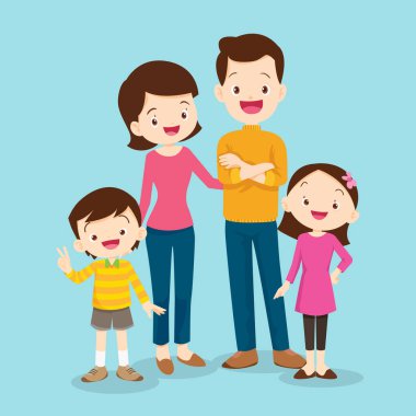 Mutlu bir aile. Baba, anne, oğlu ve kızı birlikte