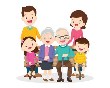 Mutlu aile kavramı. Erkek ve kadın oğullarının ve kızlarının, büyükbabalarının ve büyükannelerinin yanında dururlar. Aile portresi ya da fotoğraf