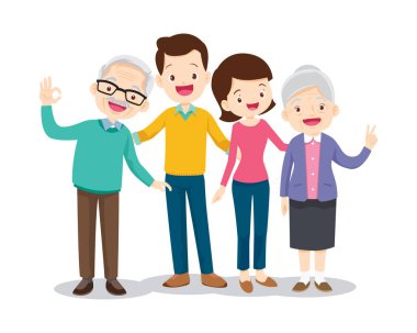 Mutlu aile kavramı. Erkek ve kadın oğullarının ve kızlarının, büyükbabalarının ve büyükannelerinin yanında dururlar. Aile portresi ya da fotoğraf