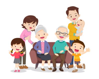 Mutlu aile kavramı. Erkek ve kadın oğullarının ve kızlarının, büyükbabalarının ve büyükannelerinin yanında dururlar. Aile portresi ya da fotoğraf