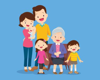 Mutlu aile kavramı. Erkek ve kadın oğullarının ve kızlarının, büyükbabalarının ve büyükannelerinin yanında dururlar. Aile portresi ya da fotoğraf