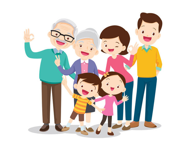 Счастливая семейная концепция. Мужчина и женщина стоят рядом со своим сыном и дочерью, дедушкой и бабушкой. Семейный портрет или фотография