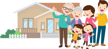 Aile ve ev. Baba, anne, oğul ve kız dışarıda. Evlerinin önünde mutlu bir aile.