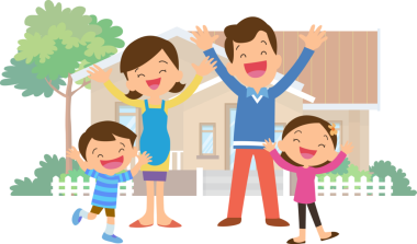 Aile ve ev. Baba, anne, oğul ve kız dışarıda. Evlerinin önünde mutlu bir aile.