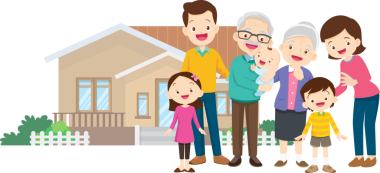 Aile ve ev. Baba, anne, oğul ve kız dışarıda. Evlerinin önünde mutlu bir aile.