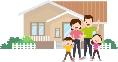 Aile ve ev. Baba, anne, oğul ve kız dışarıda. Evlerinin önünde mutlu bir aile.