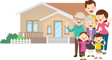 Aile ve ev. Baba, anne, oğul ve kız dışarıda. Evlerinin önünde mutlu bir aile.