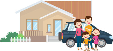 Aile ve ev. Baba, anne, oğul ve kız dışarıda. Evlerinin önünde mutlu bir aile.