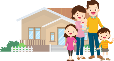 Aile ve ev. Baba, anne, oğul ve kız dışarıda. Evlerinin önünde mutlu bir aile.