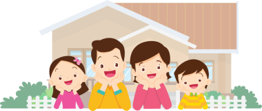 Aile ve ev. Baba, anne, oğul ve kız dışarıda. Evlerinin önünde mutlu bir aile.