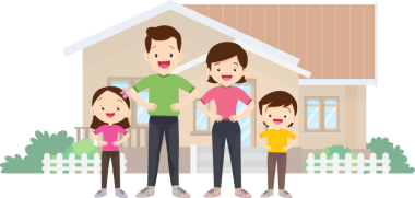Aile ve ev. Baba, anne, oğul ve kız dışarıda. Evlerinin önünde mutlu bir aile.