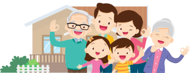 Aile ve ev. Baba, anne, oğul ve kız dışarıda. Evlerinin önünde mutlu bir aile.
