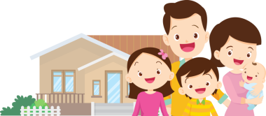 Aile ve ev. Baba, anne, oğul ve kız dışarıda. Evlerinin önünde mutlu bir aile.