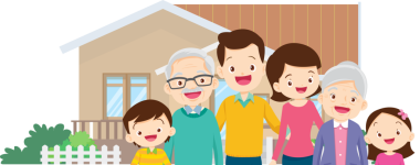 Aile ve ev. Baba, anne, oğul ve kız dışarıda. Evlerinin önünde mutlu bir aile.