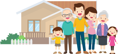 Aile ve ev. Baba, anne, oğul ve kız dışarıda. Evlerinin önünde mutlu bir aile.