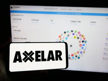 Stuttgart, Almanya - 05-07-2024: İnternet sitesi önünde üzerinde ağ geliştirme şirketi Axelar Foundation logosu bulunan kişi. Telefon ekranına odaklan.