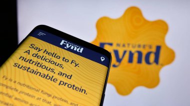 Stuttgart, Almanya - 05-14-2024: ABD 'li şirket The Fynder Group Inc. (Doğa Fynd)' in web sayfası ile logo önünde cep telefonu bulunduran kişi. Telefon ekranının merkezine odaklan.