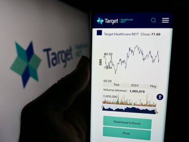 Stuttgart, Almanya - 05-29-2024: İngiliz emlak şirketi Target Healthcare REIT 'in web sitesiyle logo önünde akıllı telefon tutan kişi. Telefon ekranının merkezine odaklan.