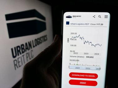 Stuttgart, Almanya - 05-30-2024: İngiliz emlak şirketi Urban Logistics REIT plc 'in web sitesi ile logo önünde akıllı telefon tutan kişi. Telefon ekranının merkezine odaklan.