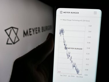 Stuttgart, Almanya - 05-31-2024: İsviçreli fotovoltaik şirketi Meyer Burger Technology AG 'nin logolu web sayfası ile cep telefonu tutan kişi. Telefon ekranının merkezine odaklan.