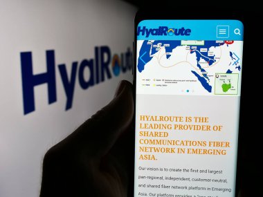 Stuttgart, Almanya - 06-01-2024: Logo önünde HyalRoute İletişim Grubu Limited adlı fiber firmasının web sayfası ile cep telefonu bulunduran kişi. Telefon ekranının merkezine odaklan.