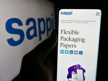 Stuttgart, Almanya - 06-11-2024: Güney Afrika posası ve kağıt şirketi Sappi Limited 'in web sayfası ile akıllı telefon taşıyan kişi logonun önünde. Telefon ekranının merkezine odaklan.