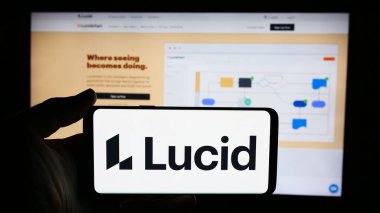 Stuttgart, Almanya - 06-11-2024: ABD 'li işbirliği süiti şirketi Lucid Software Inc.' in logosuna sahip cep telefonu sahibi kişi iş sayfasının önünde. Telefon ekranına odaklan.
