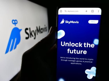 Stuttgart, Almanya - 06-12-2024: Video oyunları şirketi Sky Mavis Pte 'nin internet sitesiyle cep telefonu tutan kişi. Ltd. İş logosu önünde. Telefon ekranının merkezine odaklan.