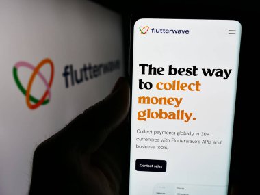 Stuttgart, Almanya - 06-13-2024: ABD 'li ödeme altyapı şirketi Flutterwave Inc.' in internet sayfası ile logo önünde cep telefonu tutan kişi. Telefon ekranının merkezine odaklan.